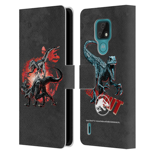 Jurassic World Fallen Kingdom Key Art Raptors Battle Leather Book Wallet Case Cover For Motorola Moto E7