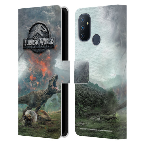 Jurassic World Fallen Kingdom Key Art T-Rex Volcano Leather Book Wallet Case Cover For OnePlus Nord N100