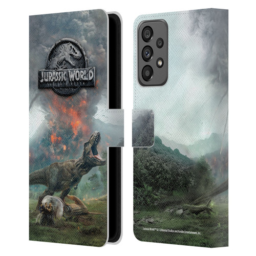 Jurassic World Fallen Kingdom Key Art T-Rex Volcano Leather Book Wallet Case Cover For Samsung Galaxy A73 5G (2022)