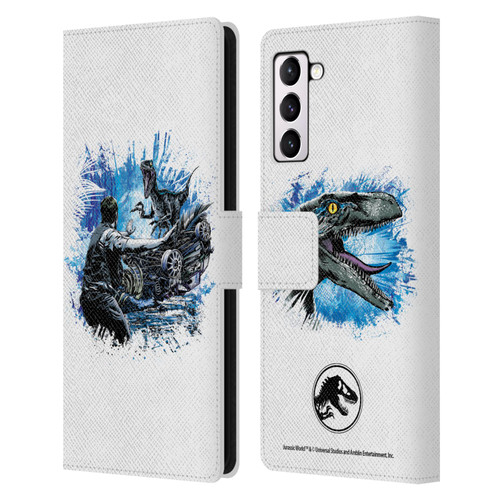 Jurassic World Fallen Kingdom Key Art Blue & Owen Distressed Look Leather Book Wallet Case Cover For Samsung Galaxy S21+ 5G
