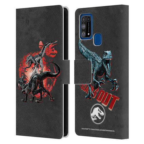 Jurassic World Fallen Kingdom Key Art Raptors Battle Leather Book Wallet Case Cover For Samsung Galaxy M31 (2020)