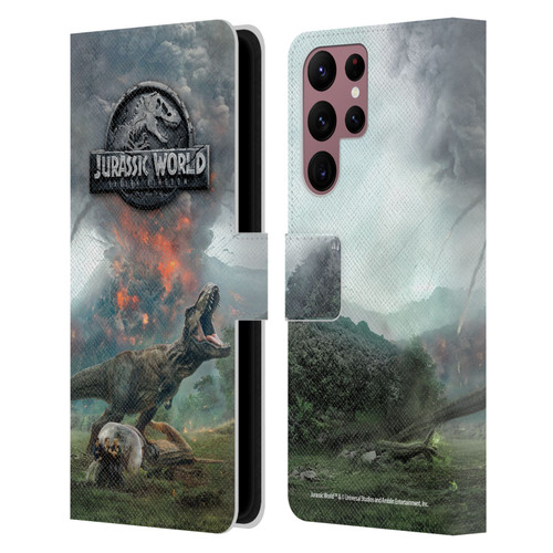 Jurassic World Fallen Kingdom Key Art T-Rex Volcano Leather Book Wallet Case Cover For Samsung Galaxy S22 Ultra 5G