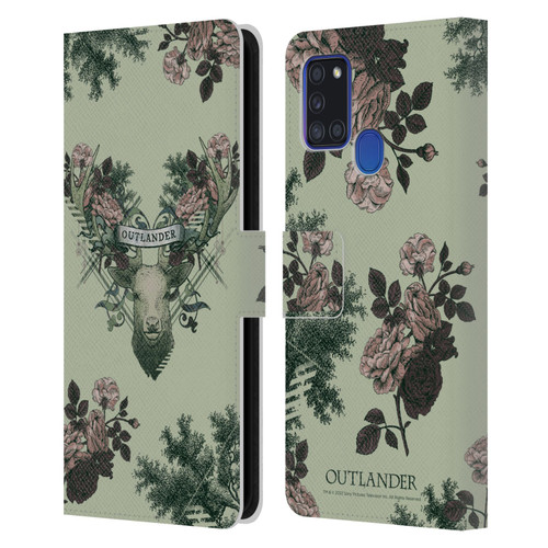 Outlander Composed Graphics Floral Deer Leather Book Wallet Case Cover For Samsung Galaxy A21s (2020)