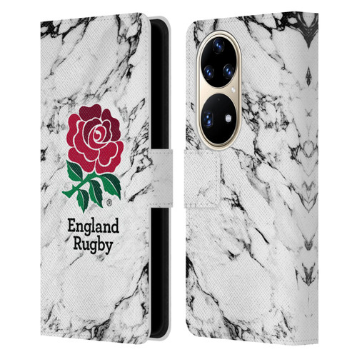 England Rugby Union Marble White Leather Book Wallet Case Cover For Huawei P50 Pro