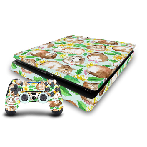 Micklyn Le Feuvre Art Mix Guinea Pigs And Daisies In Watercolour On Mint Vinyl Sticker Skin Decal Cover for Sony PS4 Slim Console & Controller