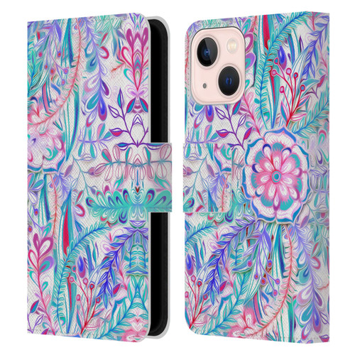 Micklyn Le Feuvre Florals Burst in Pink and Teal Leather Book Wallet Case Cover For Apple iPhone 13 Mini