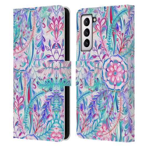 Micklyn Le Feuvre Florals Burst in Pink and Teal Leather Book Wallet Case Cover For Samsung Galaxy S21 5G