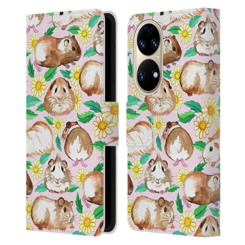 Micklyn Le Feuvre Patterns 2 Guinea Pigs And Daisies In Watercolour On Pink Leather Book Wallet Case Cover For Huawei P50