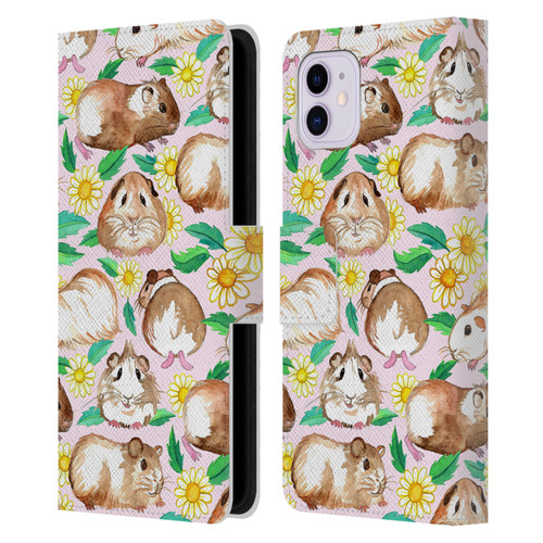 Micklyn Le Feuvre Patterns 2 Guinea Pigs And Daisies In Watercolour On Pink Leather Book Wallet Case Cover For Apple iPhone 11