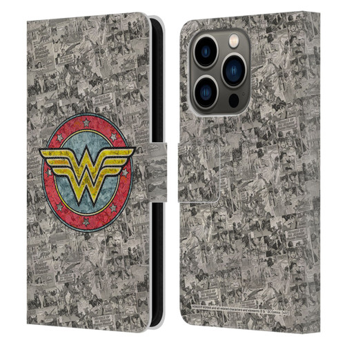 Wonder Woman DC Comics Vintage Art Comics Logo Leather Book Wallet Case Cover For Apple iPhone 14 Pro