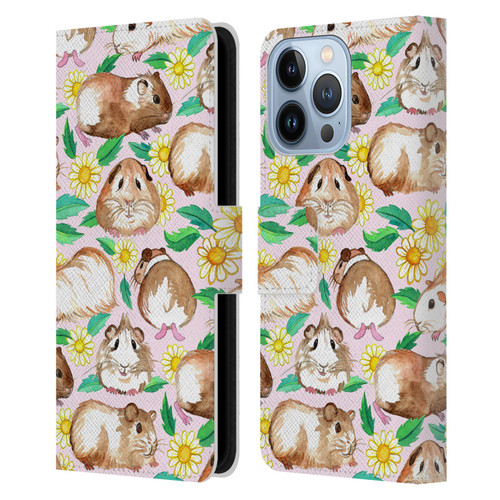 Micklyn Le Feuvre Patterns 2 Guinea Pigs And Daisies In Watercolour On Pink Leather Book Wallet Case Cover For Apple iPhone 13 Pro