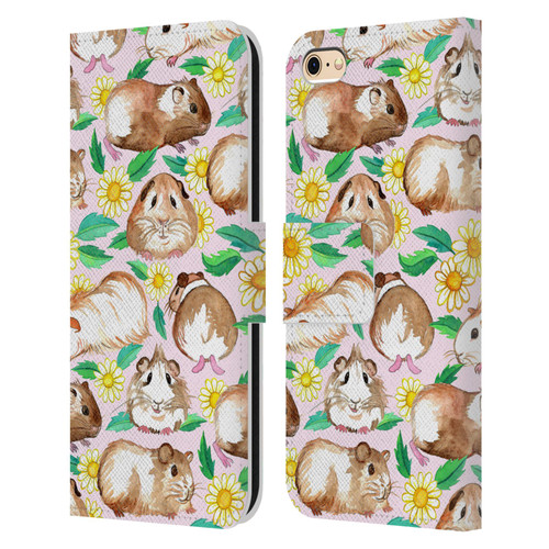 Micklyn Le Feuvre Patterns 2 Guinea Pigs And Daisies In Watercolour On Pink Leather Book Wallet Case Cover For Apple iPhone 6 / iPhone 6s