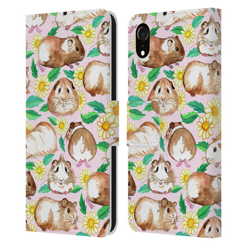 Micklyn Le Feuvre Patterns 2 Guinea Pigs And Daisies In Watercolour On Pink Leather Book Wallet Case Cover For Apple iPhone XR