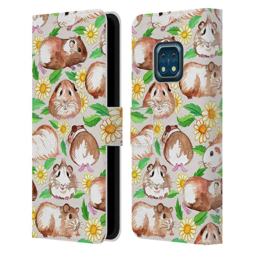 Micklyn Le Feuvre Patterns 2 Guinea Pigs And Daisies In Watercolour On Tan Leather Book Wallet Case Cover For Nokia XR20