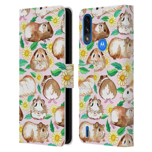 Micklyn Le Feuvre Patterns 2 Guinea Pigs And Daisies In Watercolour On Pink Leather Book Wallet Case Cover For Motorola Moto E7 Power / Moto E7i Power