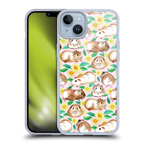 Micklyn Le Feuvre Patterns 2 Guinea Pigs And Daisies In Watercolour On Pink Soft Gel Case for Apple iPhone 14 Plus