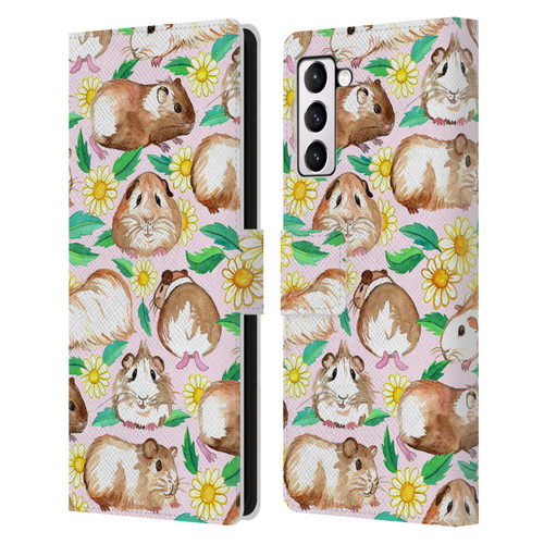 Micklyn Le Feuvre Patterns 2 Guinea Pigs And Daisies In Watercolour On Pink Leather Book Wallet Case Cover For Samsung Galaxy S21+ 5G