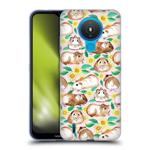 Micklyn Le Feuvre Patterns 2 Guinea Pigs And Daisies In Watercolour On Pink Soft Gel Case for Nokia 1.4