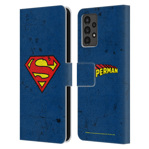 Superman DC Comics Logos Distressed Leather Book Wallet Case Cover For Samsung Galaxy A13 (2022)