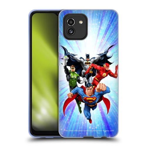 Justice League DC Comics Airbrushed Heroes Blue Purple Soft Gel Case for Samsung Galaxy A03 (2021)