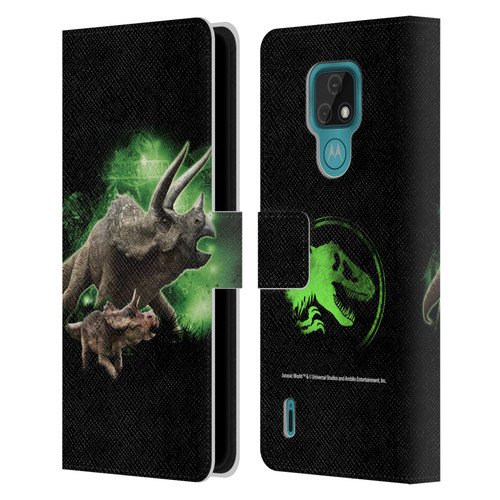 Jurassic World Key Art Triceratops Leather Book Wallet Case Cover For Motorola Moto E7