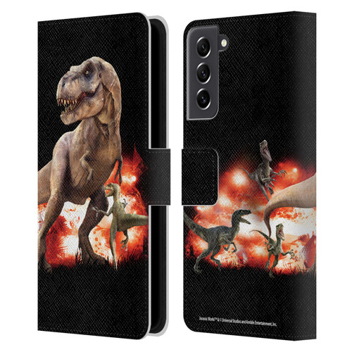 Jurassic World Key Art T-Rex VS. Velociraptors Leather Book Wallet Case Cover For Samsung Galaxy S21 FE 5G