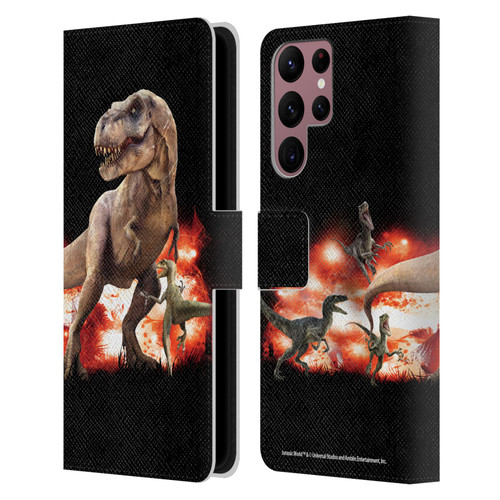 Jurassic World Key Art T-Rex VS. Velociraptors Leather Book Wallet Case Cover For Samsung Galaxy S22 Ultra 5G