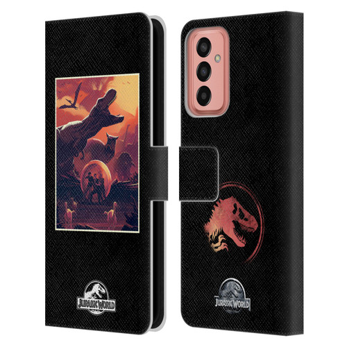 Jurassic World Vector Art Volcano Escape Leather Book Wallet Case Cover For Samsung Galaxy M13 (2022)