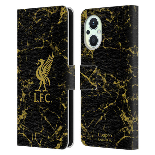 Liverpool Football Club Crest & Liverbird Patterns 1 Black & Gold Marble Leather Book Wallet Case Cover For OPPO Reno8 Lite