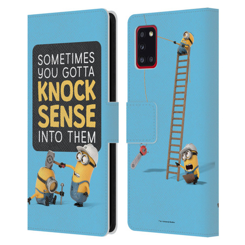 Despicable Me Funny Minions Knock Sense Leather Book Wallet Case Cover For Samsung Galaxy A31 (2020)