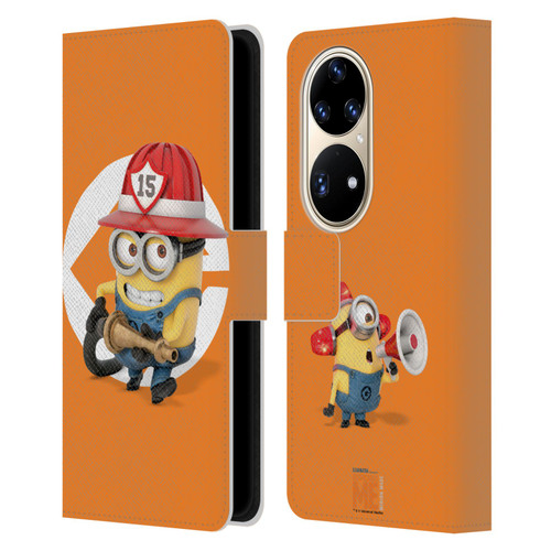 Despicable Me Minions Bob Fireman Costume Leather Book Wallet Case Cover For Huawei P50 Pro