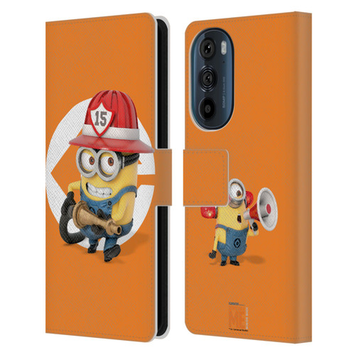 Despicable Me Minions Bob Fireman Costume Leather Book Wallet Case Cover For Motorola Edge 30