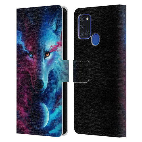 Jonas "JoJoesArt" Jödicke Wildlife Wolf Galaxy Leather Book Wallet Case Cover For Samsung Galaxy A21s (2020)