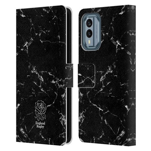 England Rugby Union Marble Black Leather Book Wallet Case Cover For Nokia X30