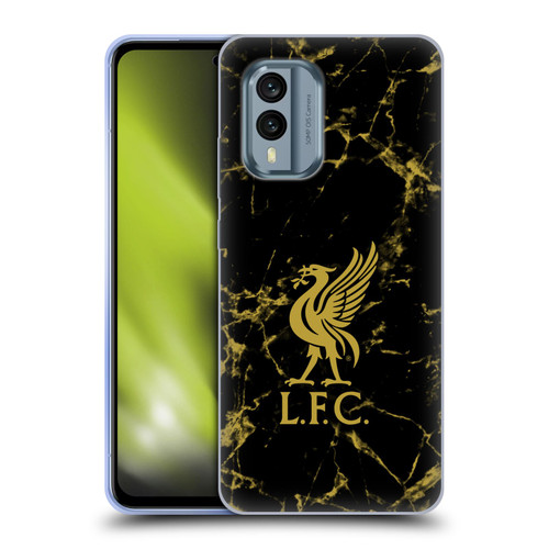 Liverpool Football Club Crest & Liverbird Patterns 1 Black & Gold Marble Soft Gel Case for Nokia X30