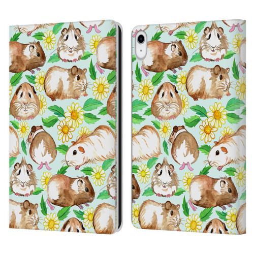 Micklyn Le Feuvre Patterns 2 Guinea Pigs And Daisies In Watercolour On Mint Leather Book Wallet Case Cover For Apple iPad 10.9 (2022)
