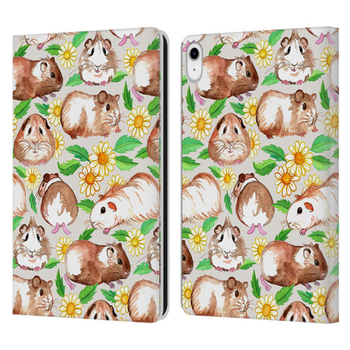Micklyn Le Feuvre Patterns 2 Guinea Pigs And Daisies In Watercolour On Tan Leather Book Wallet Case Cover For Apple iPad 10.9 (2022)