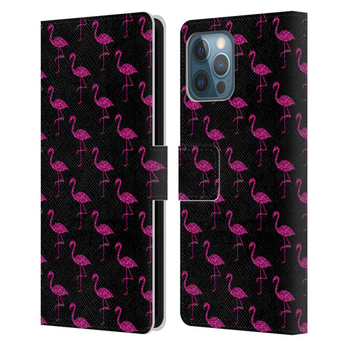 PLdesign Sparkly Flamingo Pink Pattern On Black Leather Book Wallet Case Cover For Apple iPhone 12 Pro Max