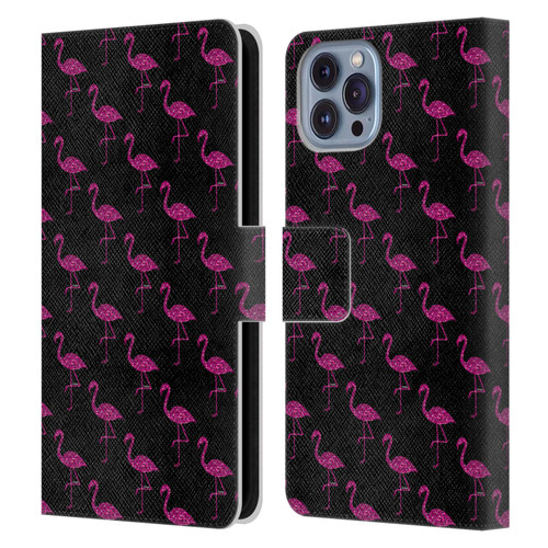 PLdesign Sparkly Flamingo Pink Pattern On Black Leather Book Wallet Case Cover For Apple iPhone 14