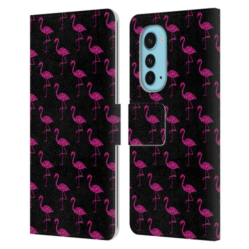 PLdesign Sparkly Flamingo Pink Pattern On Black Leather Book Wallet Case Cover For Motorola Edge (2022)
