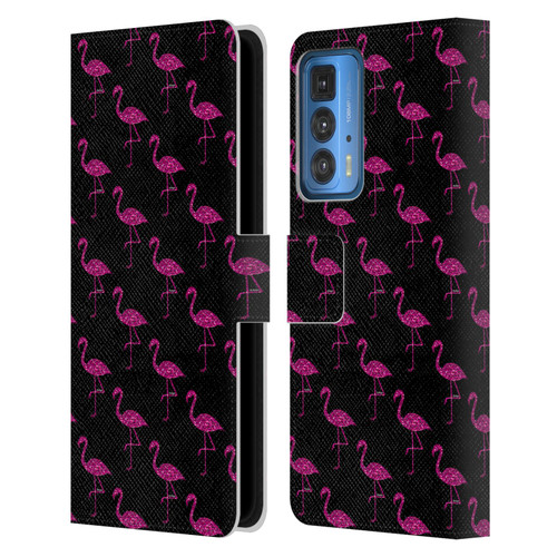 PLdesign Sparkly Flamingo Pink Pattern On Black Leather Book Wallet Case Cover For Motorola Edge 20 Pro