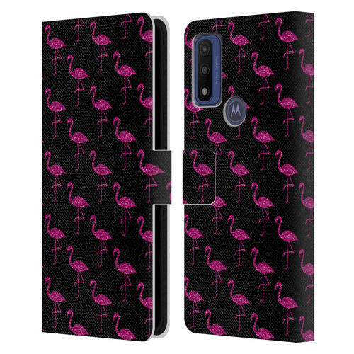 PLdesign Sparkly Flamingo Pink Pattern On Black Leather Book Wallet Case Cover For Motorola G Pure