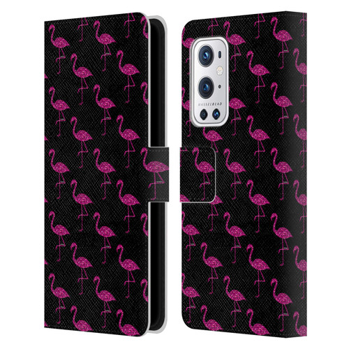 PLdesign Sparkly Flamingo Pink Pattern On Black Leather Book Wallet Case Cover For OnePlus 9 Pro