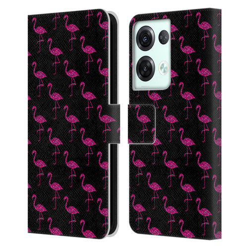PLdesign Sparkly Flamingo Pink Pattern On Black Leather Book Wallet Case Cover For OPPO Reno8 Pro