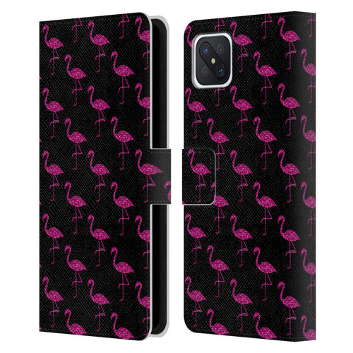 PLdesign Sparkly Flamingo Pink Pattern On Black Leather Book Wallet Case Cover For OPPO Reno4 Z 5G