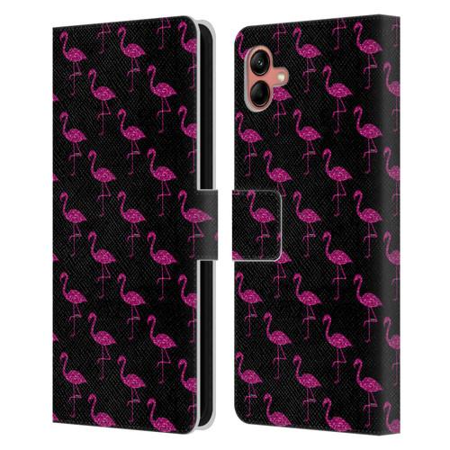 PLdesign Sparkly Flamingo Pink Pattern On Black Leather Book Wallet Case Cover For Samsung Galaxy A04 (2022)