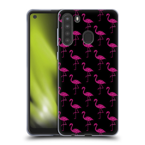 PLdesign Sparkly Flamingo Pink Pattern On Black Soft Gel Case for Samsung Galaxy A21 (2020)