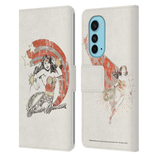 Wonder Woman DC Comics Vintage Art Distressed Leather Book Wallet Case Cover For Motorola Edge (2022)