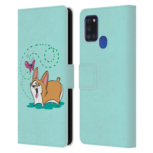 Grace Illustration Dogs Corgi Leather Book Wallet Case Cover For Samsung Galaxy A21s (2020)