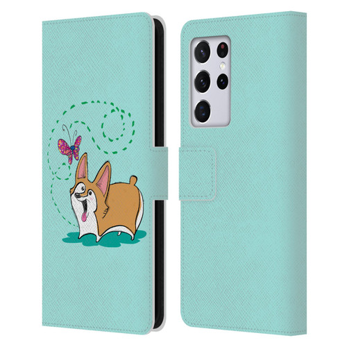 Grace Illustration Dogs Corgi Leather Book Wallet Case Cover For Samsung Galaxy S21 Ultra 5G